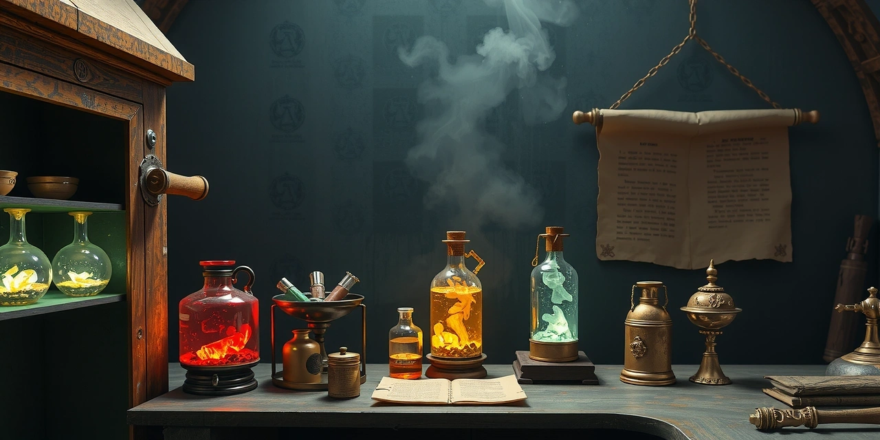 Mystical ancient lab with stylized flasks containing glowing elixirs, old scrolls, and alchemical symbols. Dark purple, gold, emerald tones.